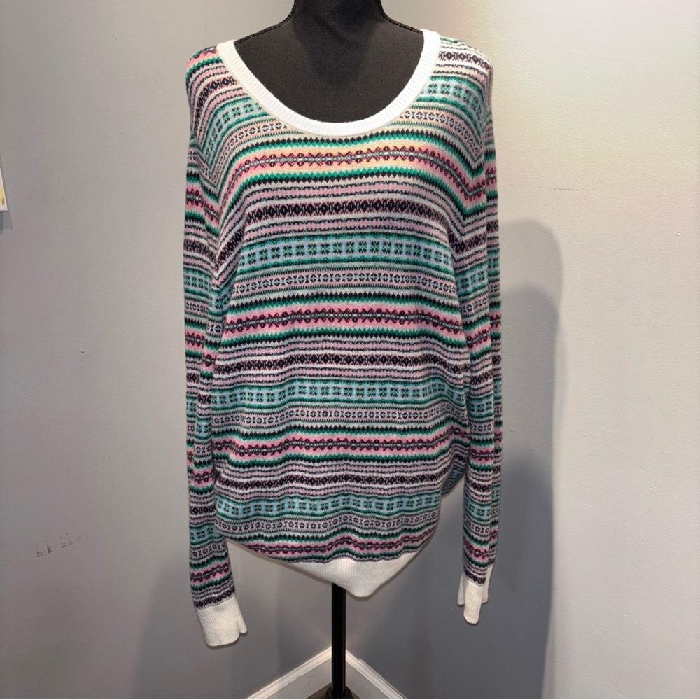 TALBOTS Blue/Pink Fair Isle Crew Neck Sweater Soft Wool Nylon Blend Women’s SzXL